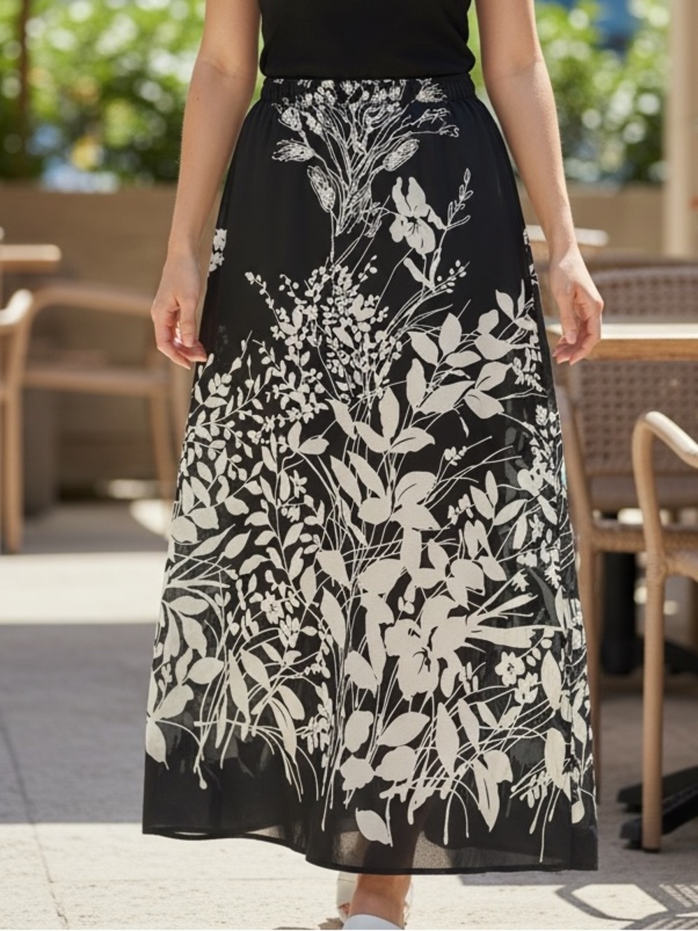 Black & White Floral Maxi Skirt with Elastic Waist